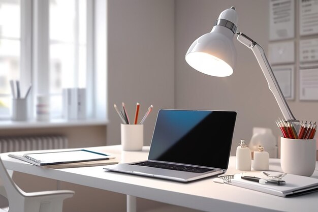 modern doctor office with laptop table lamp stationery decor white table blurred background 1029476 142015